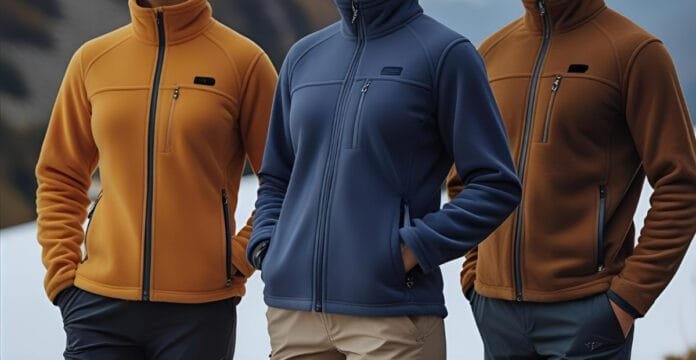 Three people wearing insulated fleece jackets in orange, blue, and brown, standing outdoors with mountains in the background.