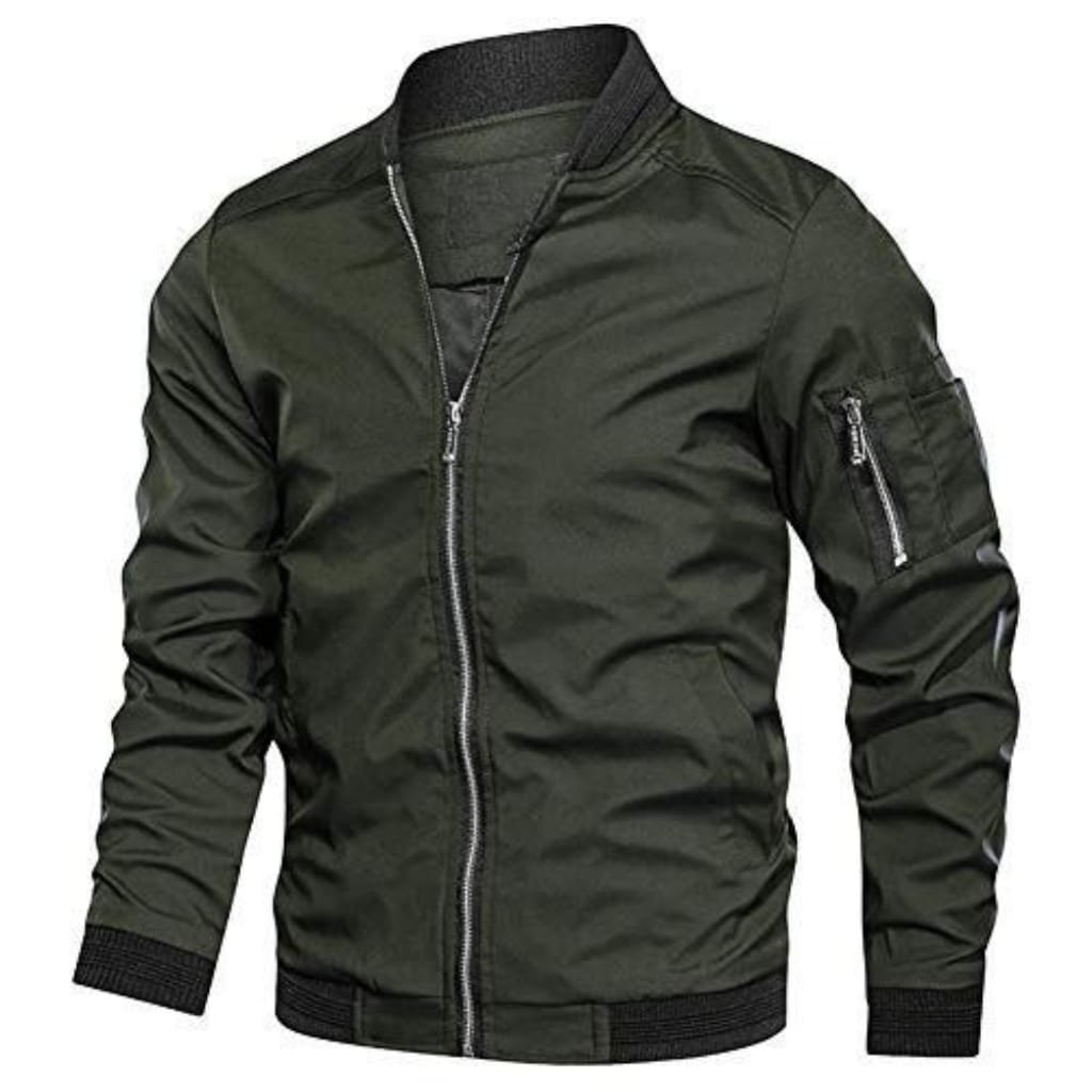 What Is a Leather Jacket? A Timeless Icon of Style and Attitude 31 A stylish men's military-style flight jacket in olive green with a front zipper, ribbed cuffs and hem, and a zippered pocket on the sleeve.