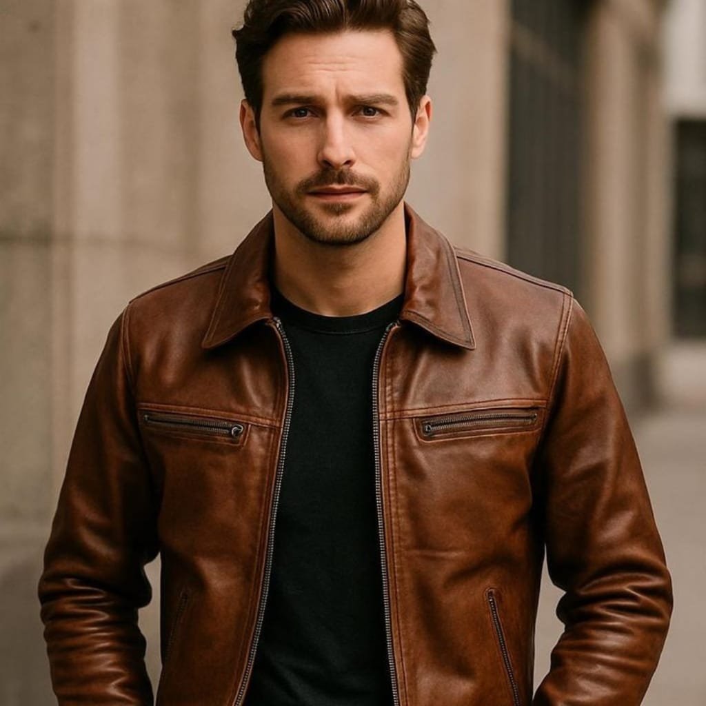 A man with dark hair and a beard wearing a stylish brown leather shirt jacket over a black shirt, standing outdoors with a neutral expression.