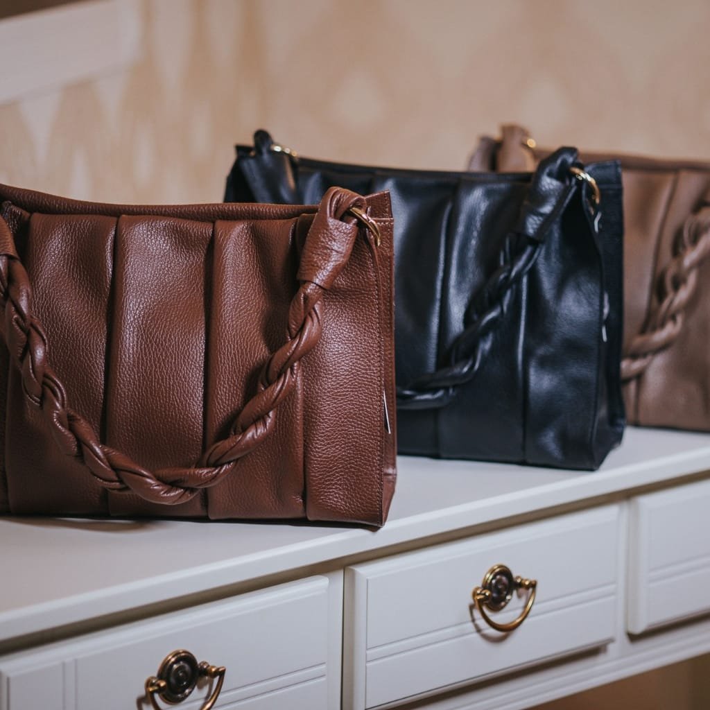 A close-up image of three stylish handbags placed on a white surface, featuring a brown handbag with braided handles in the foreground, a black handbag with similar braided handles behind it, and a beige bag partially visible in the background.