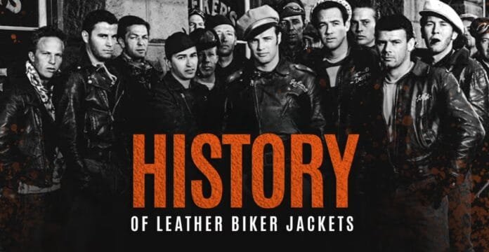 A black-and-white photograph of a group of men wearing leather biker jackets, standing together in an urban setting. The image features bold orange text that reads 