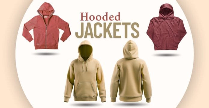 An image displaying four hooded jackets — two in front showing the front and back views in beige, and two in the side images in red, with the text 
