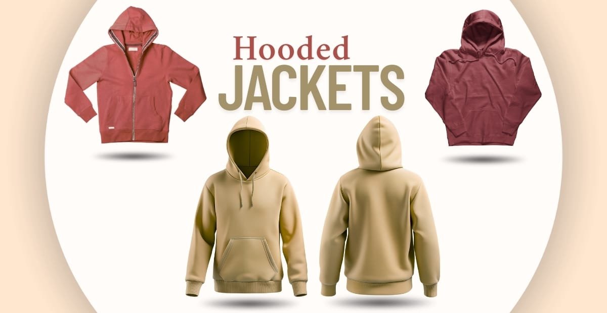 An image displaying four hooded jackets — two in front showing the front and back views in beige, and two in the side images in red, with the text "Hooded Jackets" in the center.