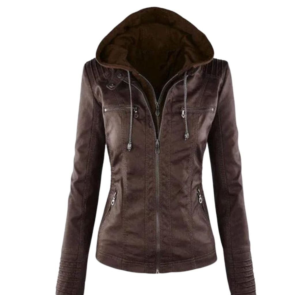 What Is a Leather Jacket? A Timeless Icon of Style and Attitude 34 A stylish brown leather jacket with a hood, featuring multiple zippered pockets and detailed stitching, displayed on a plain background.