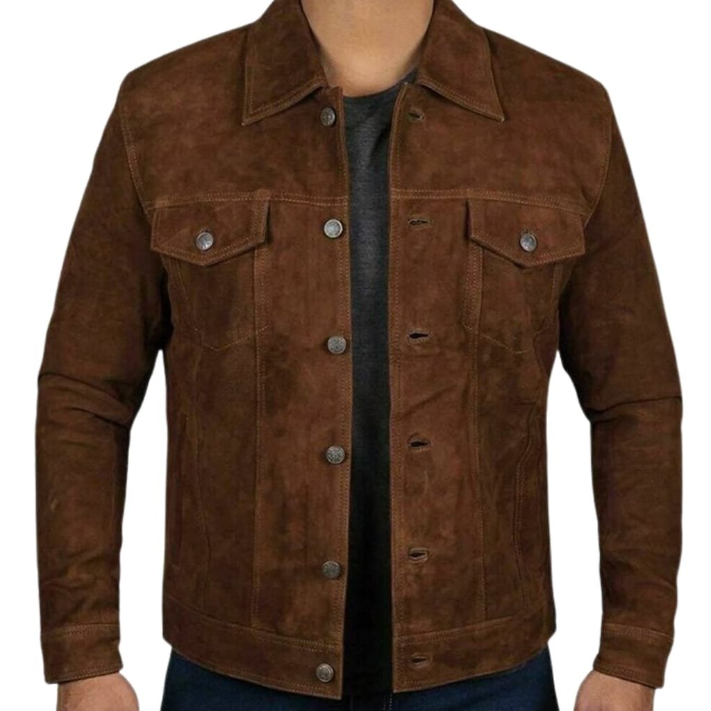 A collection of outfit ideas featuring a suede leather shirt jacket, styled with jeans, boots, and casual shirts for different looks.