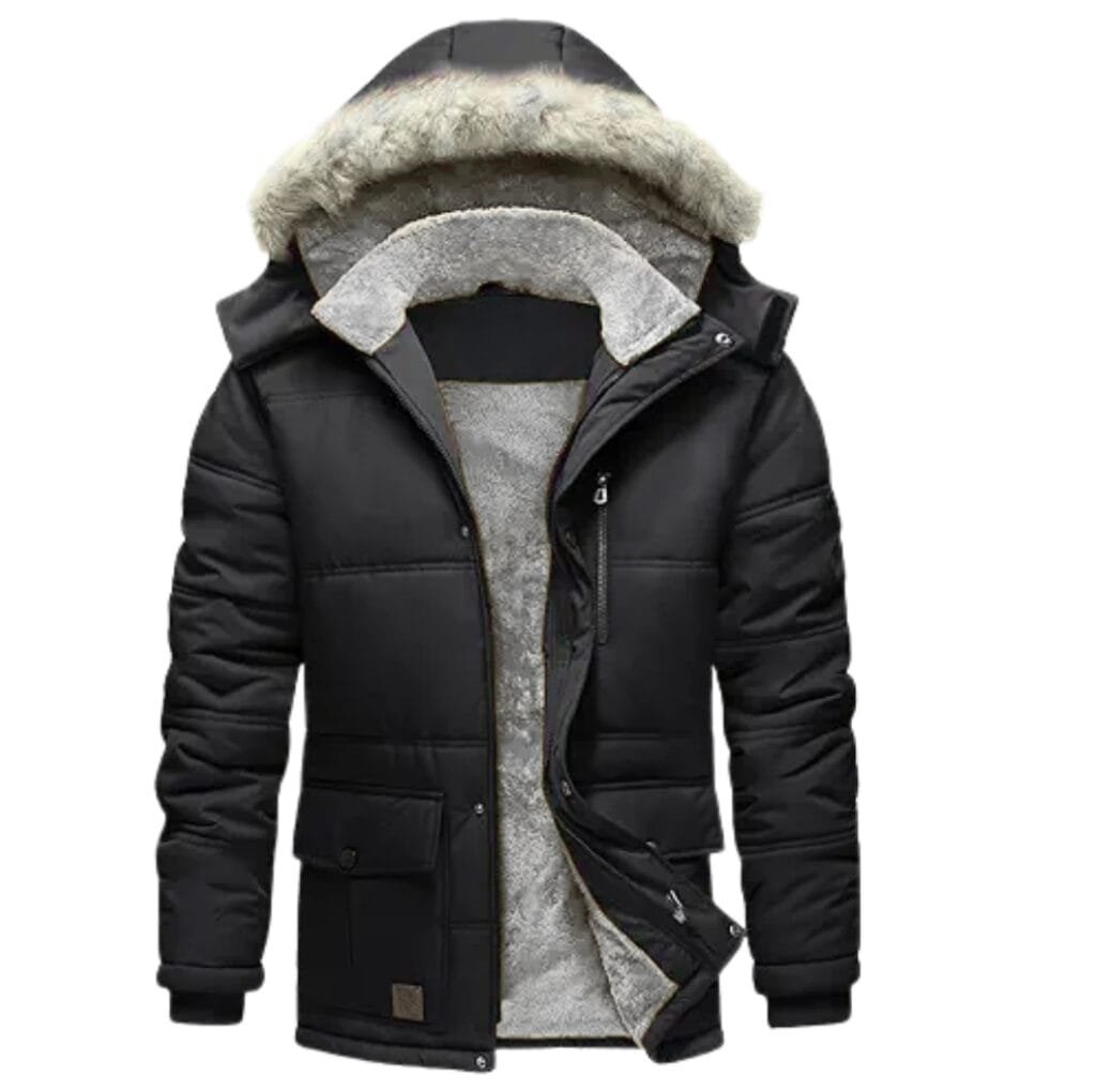 Close-up of a stylish black winter parka jacket with a faux fur-lined hood, showing its layered insulation and zipper details.