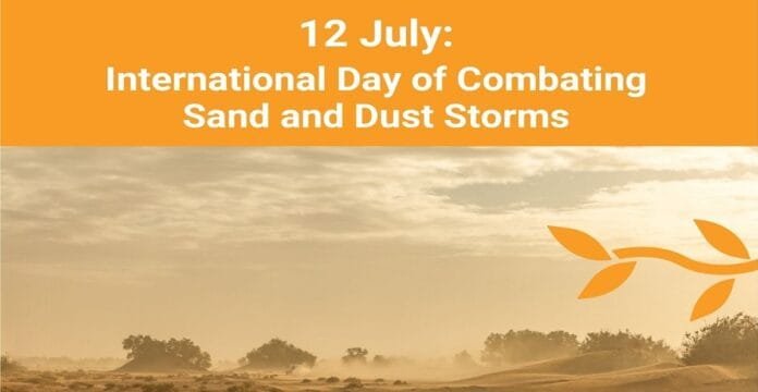 A landscape scene with a cloudy sky and dusty terrain, featuring a decorative orange vine graphic on the right. The top section has an orange background with white text.