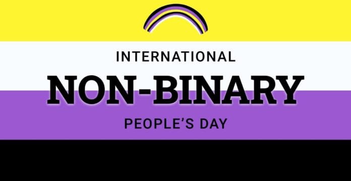 A colorful banner celebrating International Non-Binary People's Day, featuring the non-binary pride flag with yellow, white, purple, and black stripes, along with a black rainbow symbol at the top.