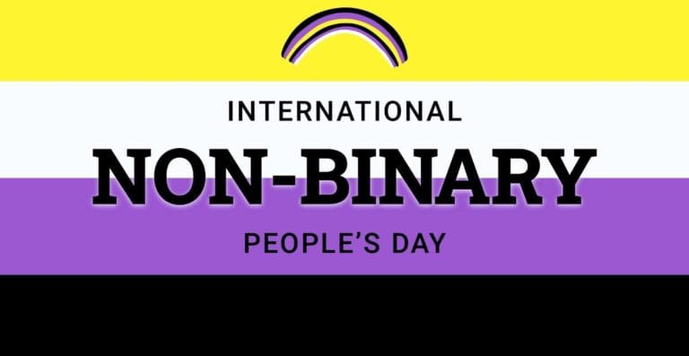 A colorful banner celebrating International Non-Binary People's Day, featuring the non-binary pride flag with yellow, white, purple, and black stripes, along with a black rainbow symbol at the top.
