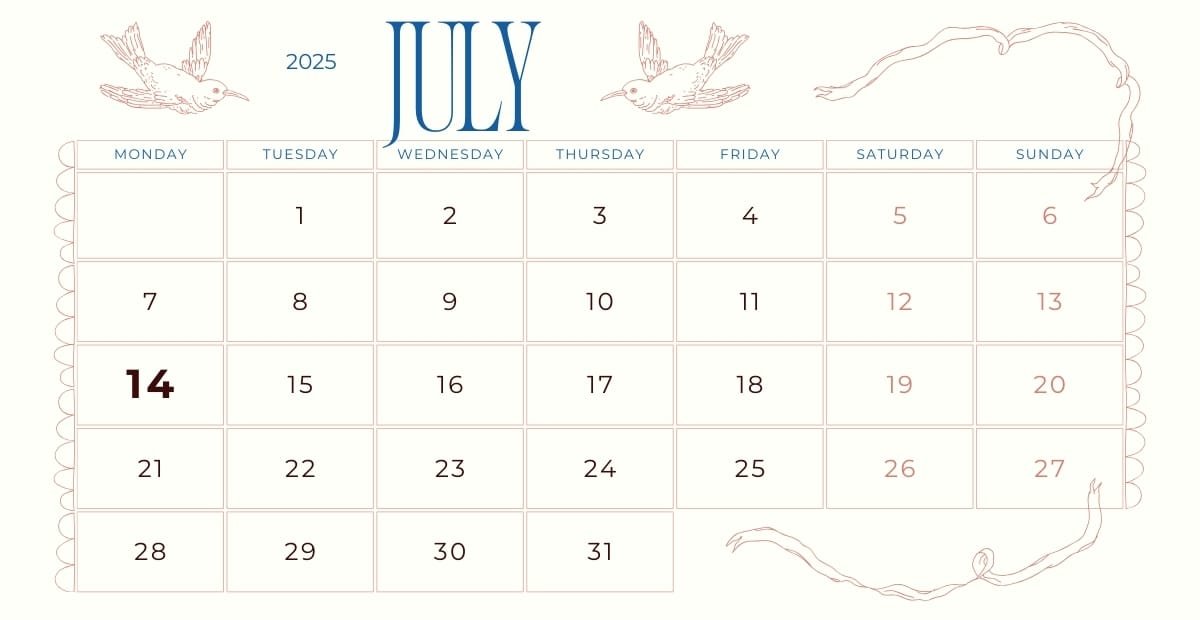 A minimalist July 2025 calendar with a soft beige background, featuring delicate line drawings of birds and clouds. The calendar grid displays dates from July 1st to July 31st, with the 14th highlighted in bold, dark text. The month name "JULY" is prominently displayed at the top in large, elegant font.