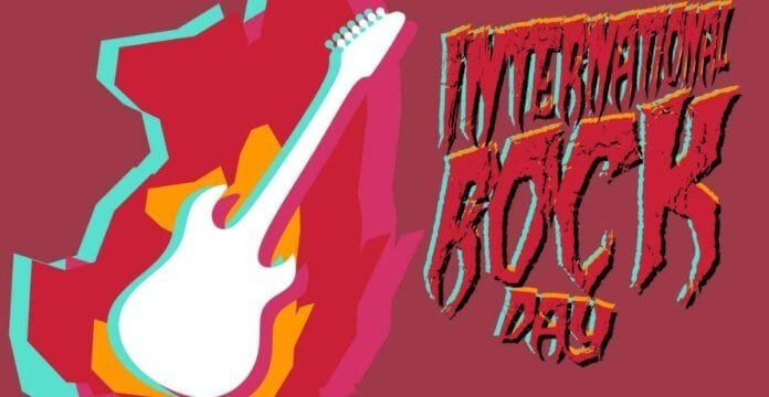 A graphic illustration featuring a white electric guitar with a turquoise outline on a vibrant, abstract background with fiery orange and pink hues. To the right, there is stylized, jagged text in red with multiple colored outlines that reads 