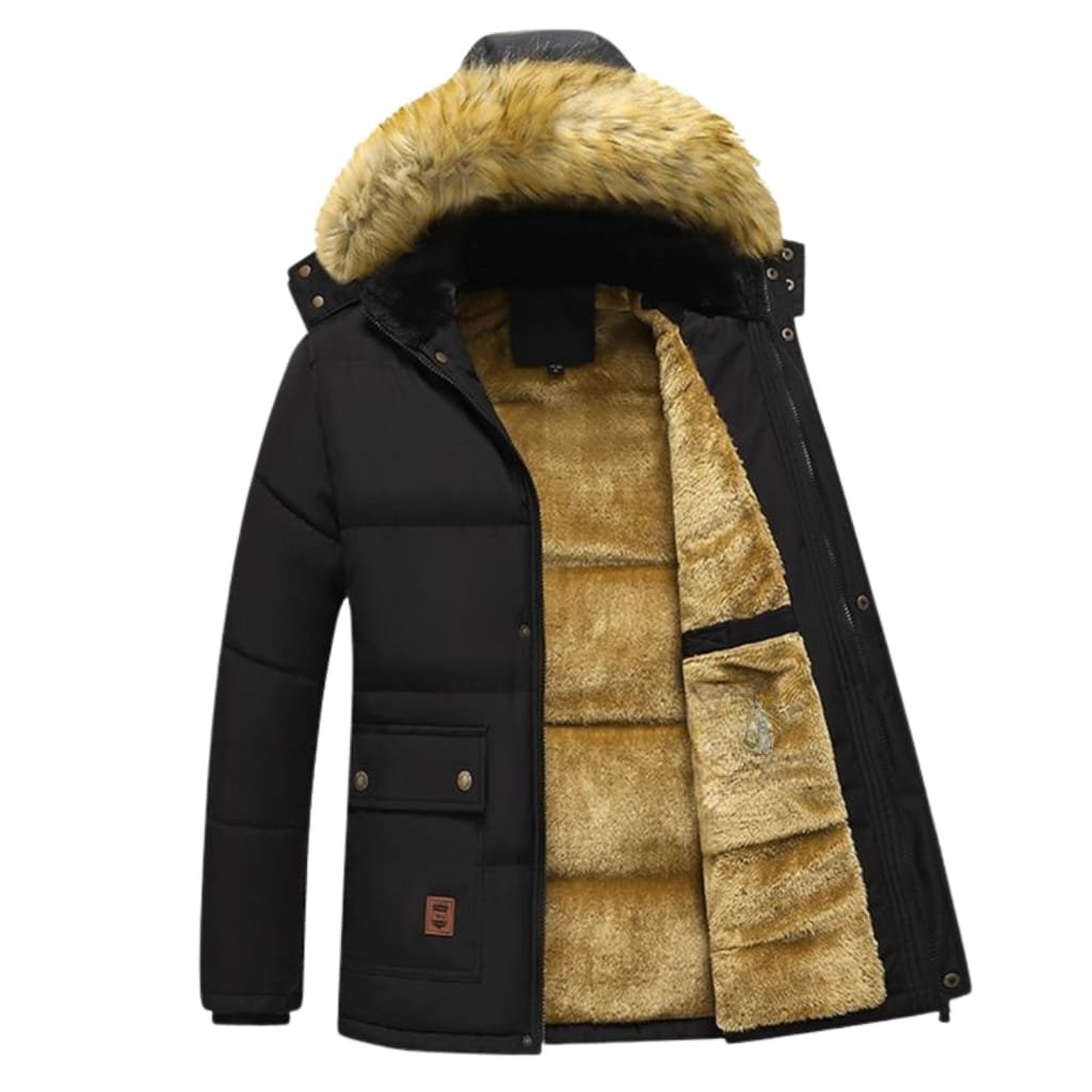 A black winter jacket with a plush, tan faux fur-lined hood and interior lining, designed for outdoor activities in cold climates like Alaska winters.

