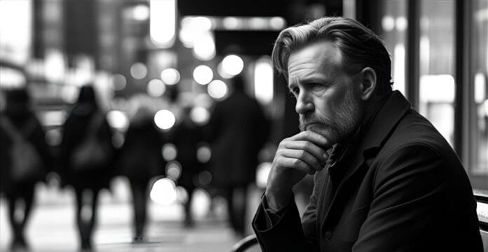 Black and white image of a man with a serious expression, sitting with his hand on his chin, in a busy urban setting with blurred figures in the background.