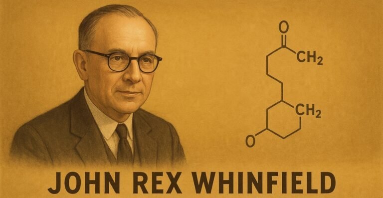 “Portrait of John Rex Winfield alongside a chemical structure diagram on a yellow-brown background. John Rex Whinfield
