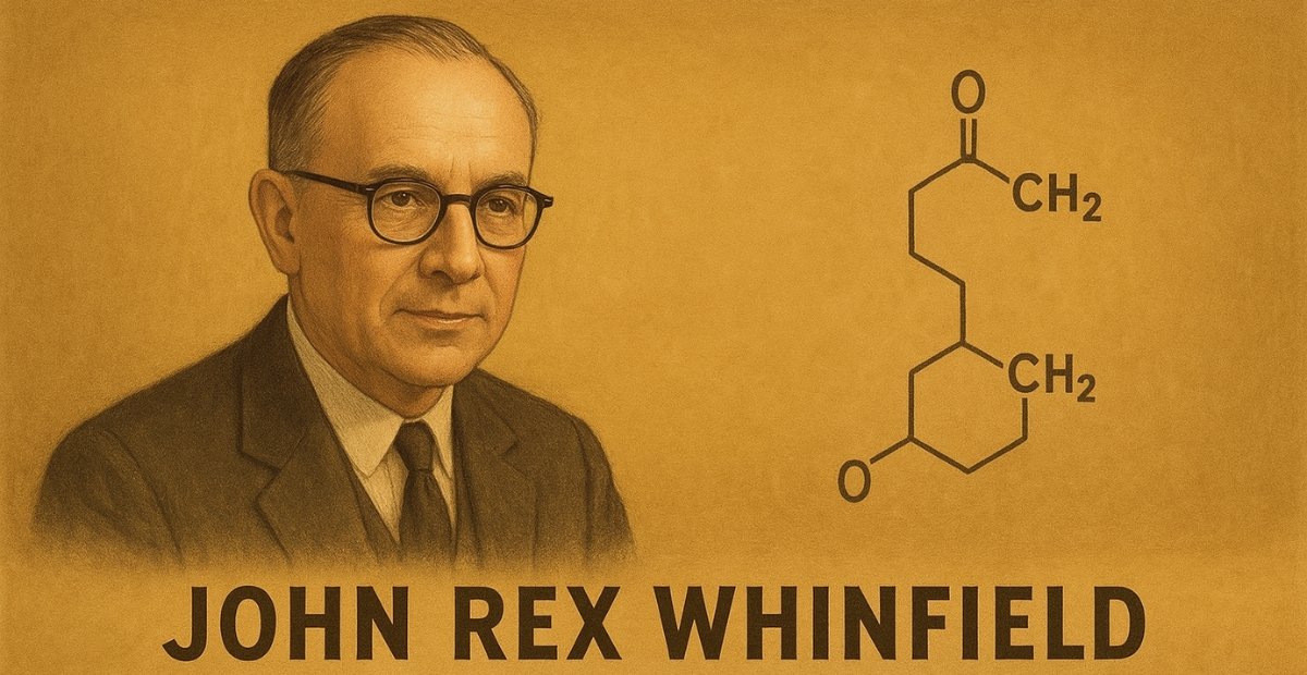“Portrait of John Rex Winfield alongside a chemical structure diagram on a yellow-brown background. John Rex Whinfield