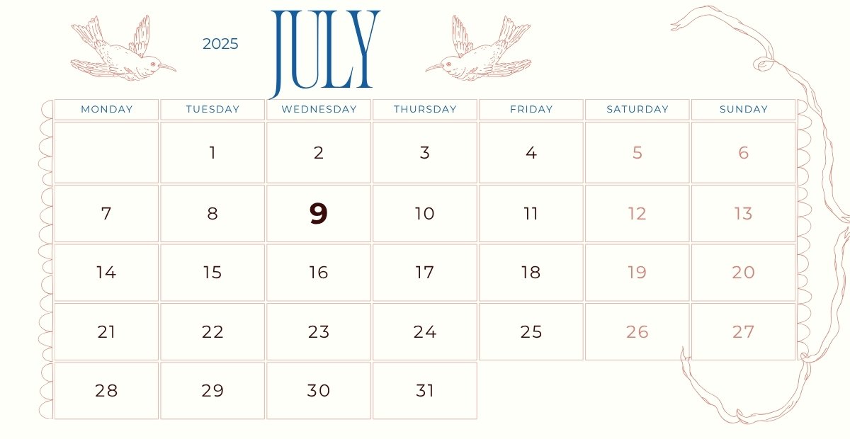 A minimalist illustrated July 2025 calendar with a bird motif, featuring the dates and days of the week, with July 9th highlighted in bold.