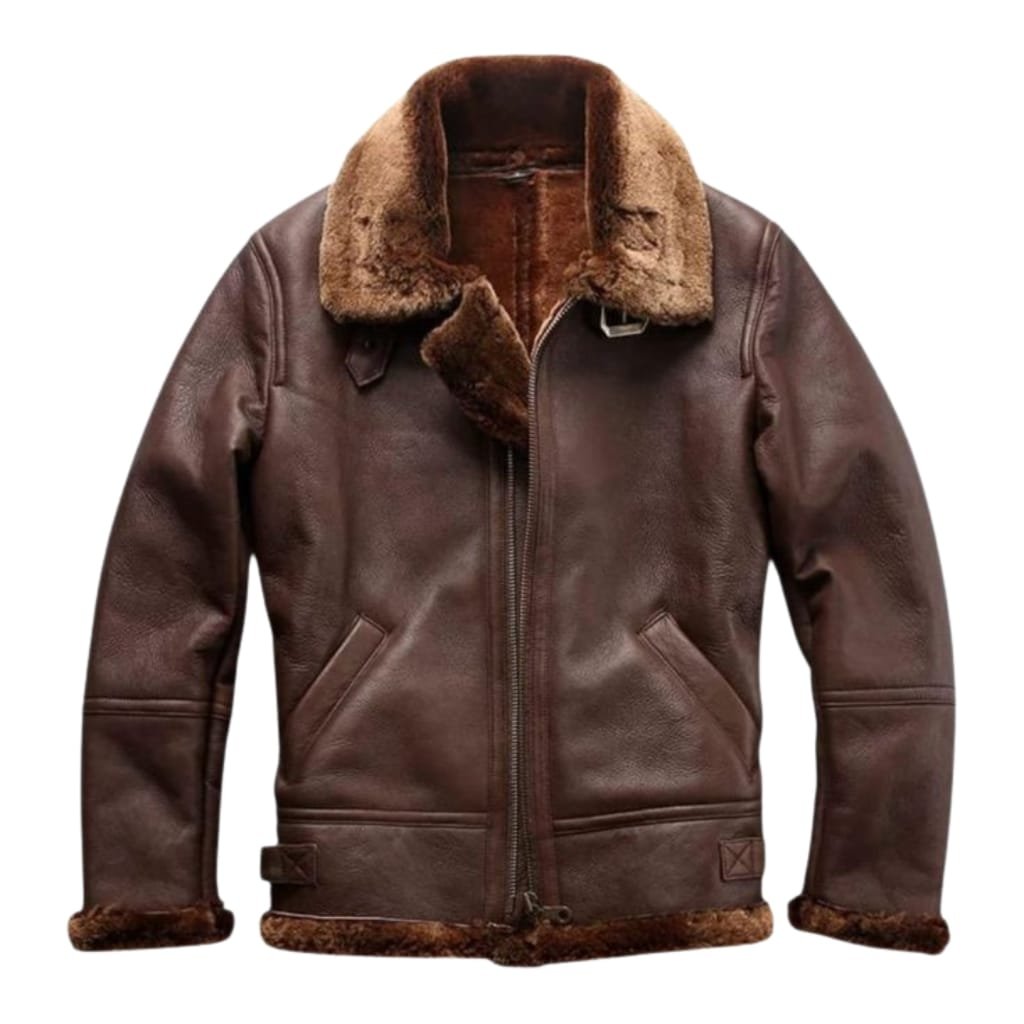 What Is a Leather Jacket? A Timeless Icon of Style and Attitude 26 A brown lambskin leather jacket with a shearling collar and interior, featuring a front zipper and side pockets.
