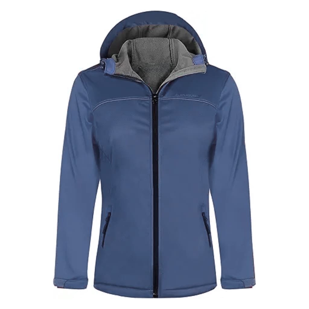 Men’s blue softshell jacket with a hood, front zipper, and zippered pockets, displayed on a white background.

