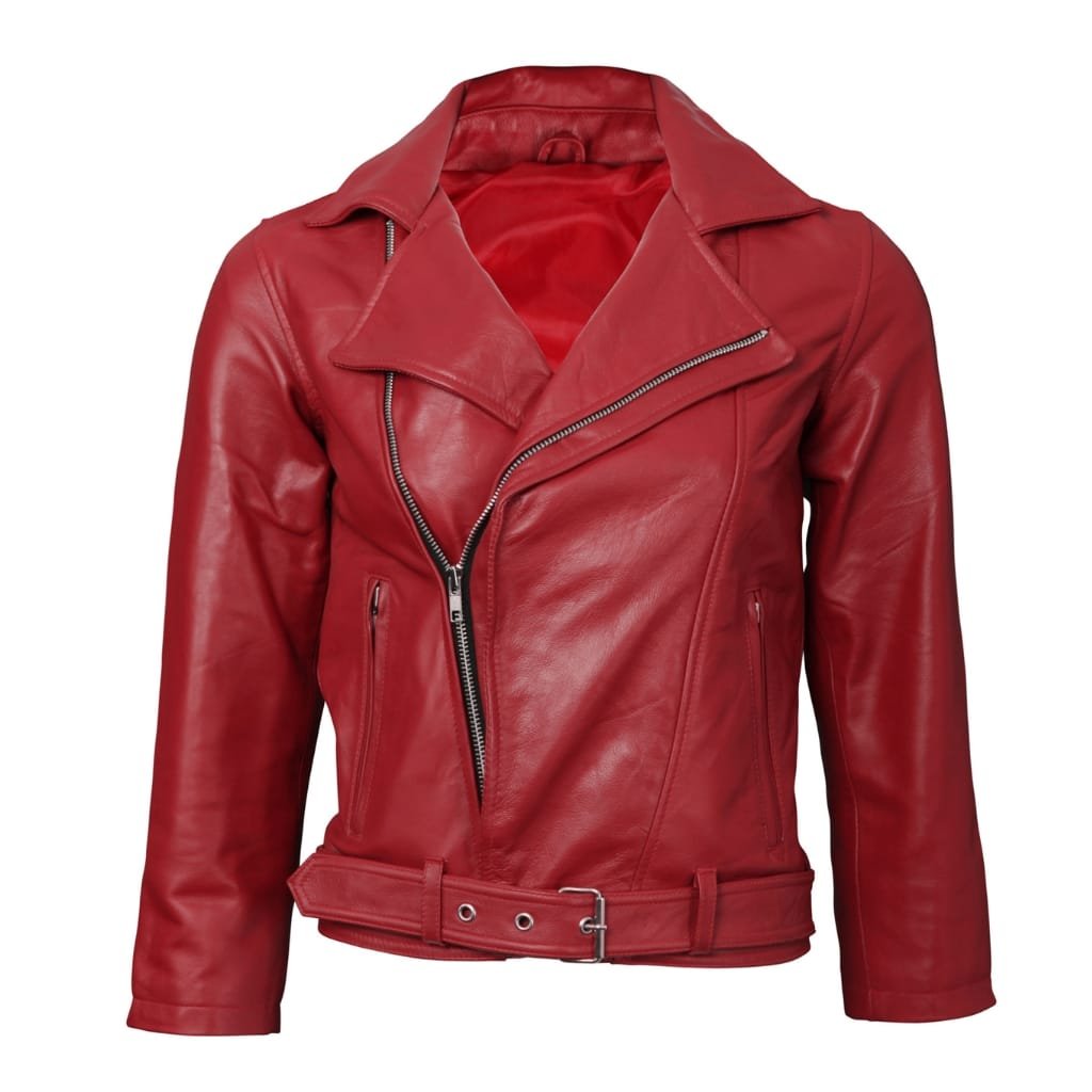 A vibrant red leather jacket with a front zipper, side pockets, a belt at the waist, and a wide lapel collar.

