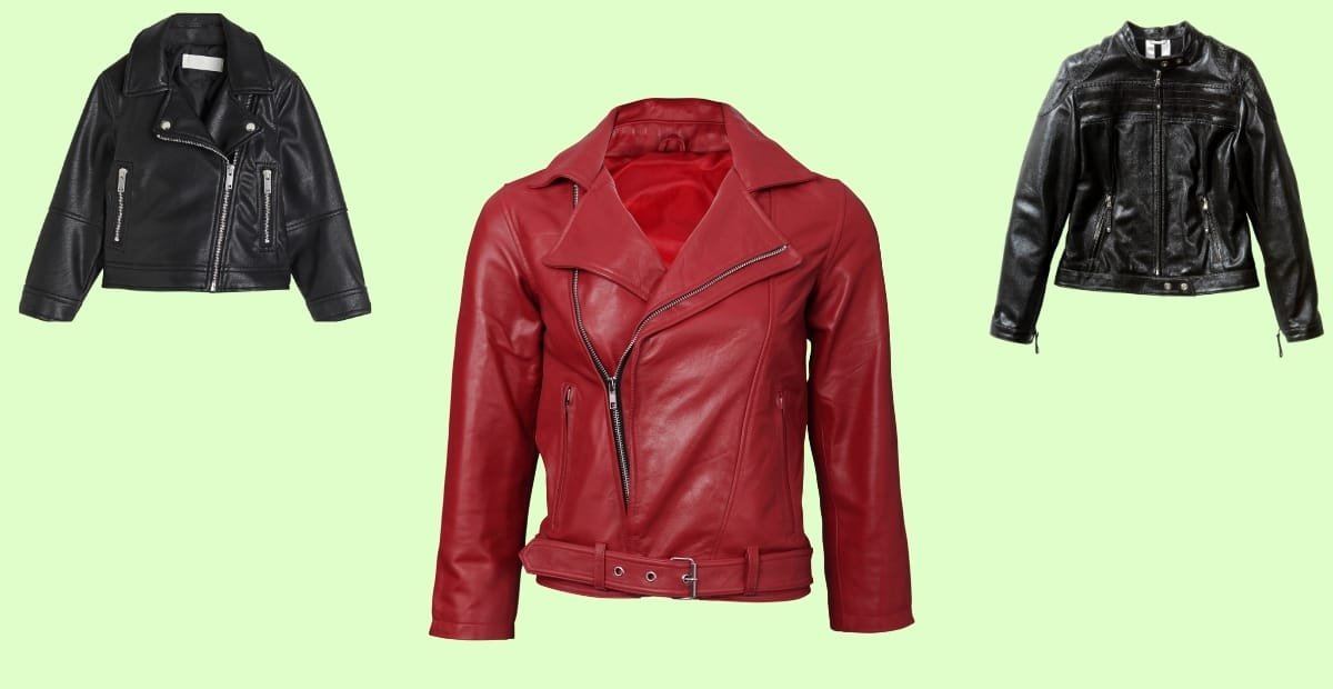 Leather Biker Jacket: The Ultimate Symbol of Rebel Style Three leather biker jackets displayed against a light green background—one black cropped jacket on the left, a red fitted jacket in the center, and a black fitted jacket on the right.