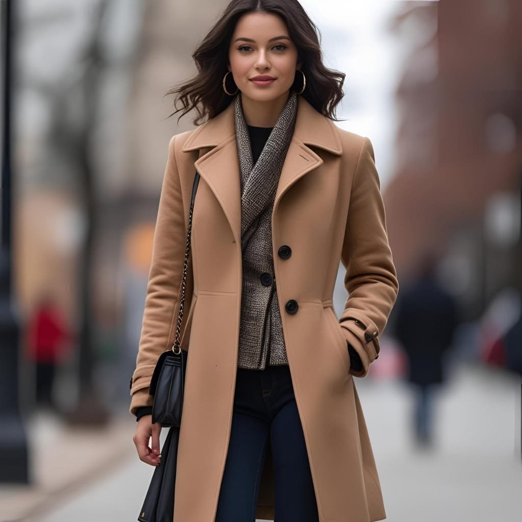 A woman walking outdoors in a city street, wearing a classic camel-colored Mac coat with her hands in her pockets.

