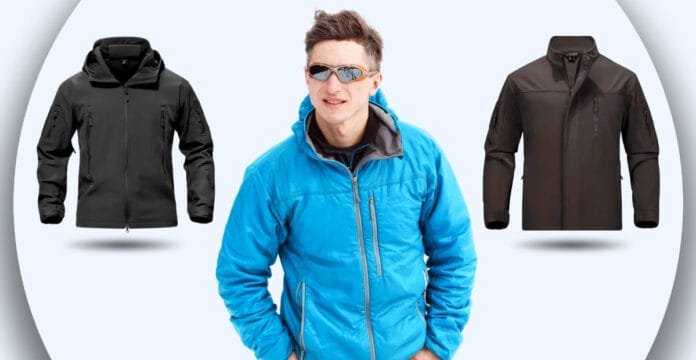 Two men's soft shell jackets—one black with a hood and the other dark brown—are displayed on either side of a man wearing a bright blue soft shell jacket with a hood. The man is smiling, wearing sunglasses, and standing with his hands in his pockets.