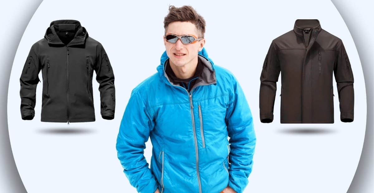 Men’s Softshell Jacket: Perfect for Outdoor Style and Performance Two men's soft shell jackets—one black with a hood and the other dark brown—are displayed on either side of a man wearing a bright blue soft shell jacket with a hood. The man is smiling, wearing sunglasses, and standing with his hands in his pockets.