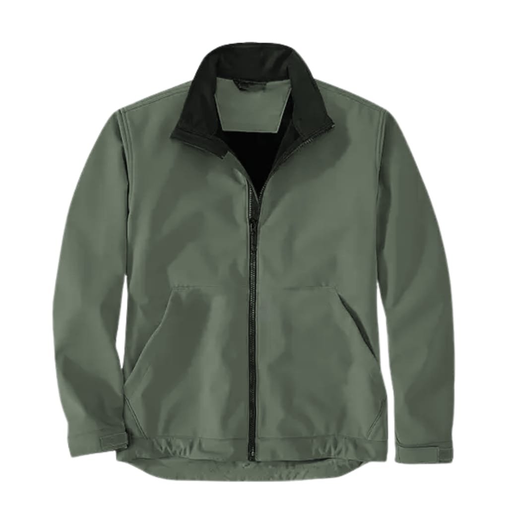 A men's green and black softshell jacket with a front zipper, two side pockets, and a black collar.

