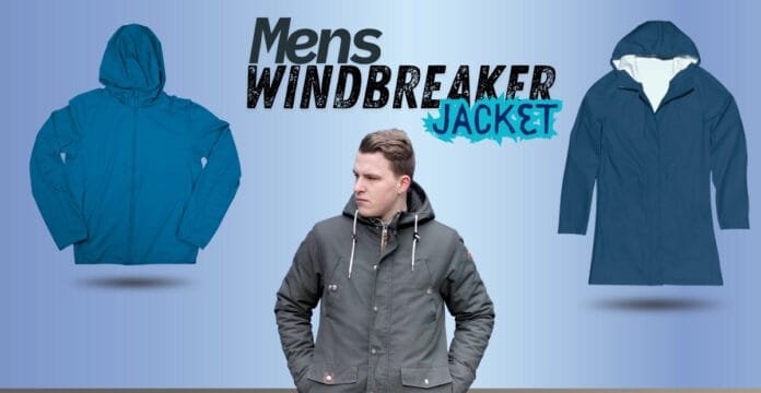 A digital advertisement featuring two men's windbreaker jackets, one in bright blue and another in darker blue, with a man wearing a gray windbreaker jacket in the center. The text reads 