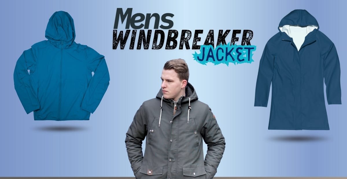 A digital advertisement featuring two men's windbreaker jackets, one in bright blue and another in darker blue, with a man wearing a gray windbreaker jacket in the center. The text reads "Mens Windbreaker Jacket."