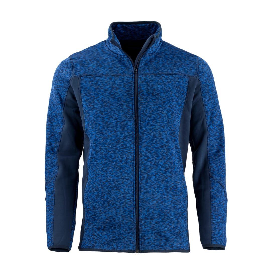 A blue and navy athletic fleece jacket with a full front zipper, standing collar, and contrasting side panels.