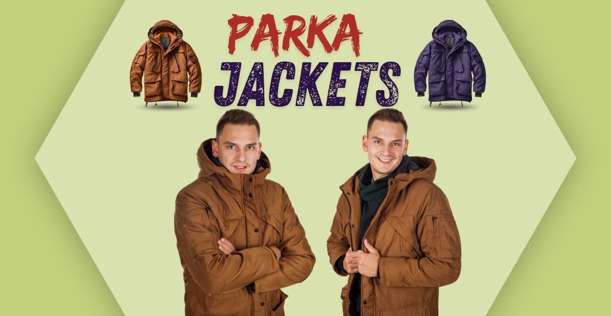 A promotional banner displaying two young men wearing brown parkas in the center. At the top, the text "PARKA JACKETS" is written in bold, colorful letters with small images of brown and purple jackets above the text. The background has a light green color with a geometric design.