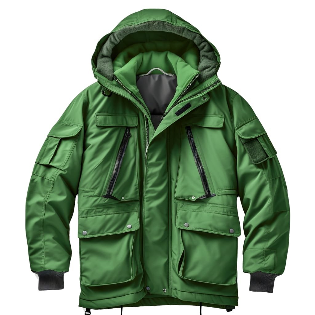 A bright green, rugged parka jacket featuring multiple large pockets, zippers, and adjustable details, with a hood and black ribbed cuffs.

