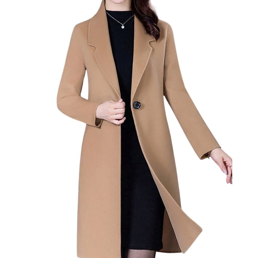 A woman wearing a stylish camel-colored long coat over a black outfit. The coat is single-breasted with a large lapel and a single button, with one side slightly open revealing the outfit underneath.