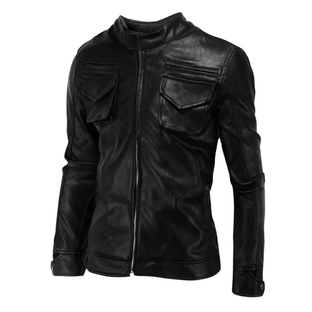 A black leather jacket with multiple chest pockets, detailed stitching, and a front zipper.