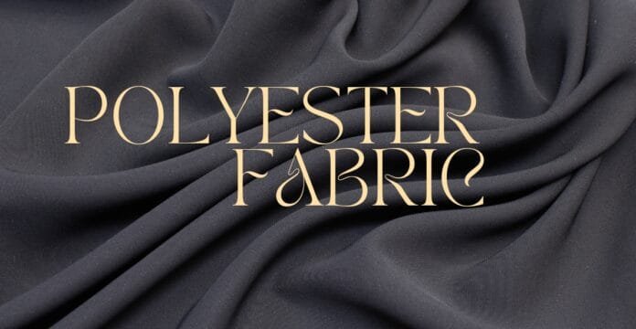 A close-up of black polyester fabric with soft folds, overlaid with the text 