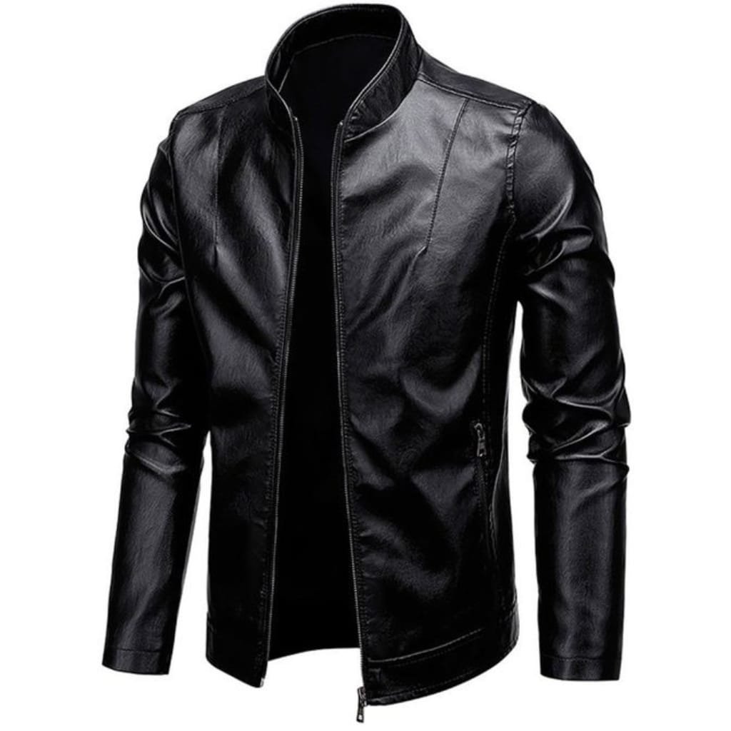 What Is a Leather Jacket? A Timeless Icon of Style and Attitude 27 Black leather jacket with a stand-up collar and zipper closure shown against a white background.