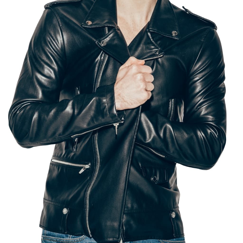 A collection of leather shirt jackets in various styles, showcasing different cuts, colors, and design details.