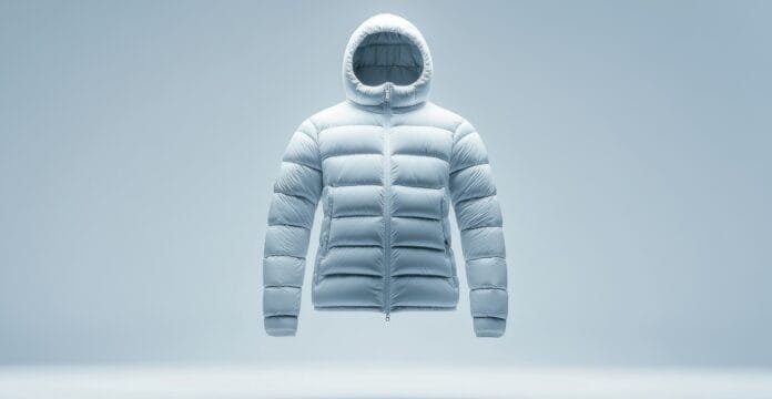 Woman wearing a stylish beige puffer coat with a fur-lined hood in a snowy urban street.