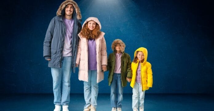 A family of five standing against a dark blue background, dressed in colorful winter jackets and casual clothing, holding hands and smiling.