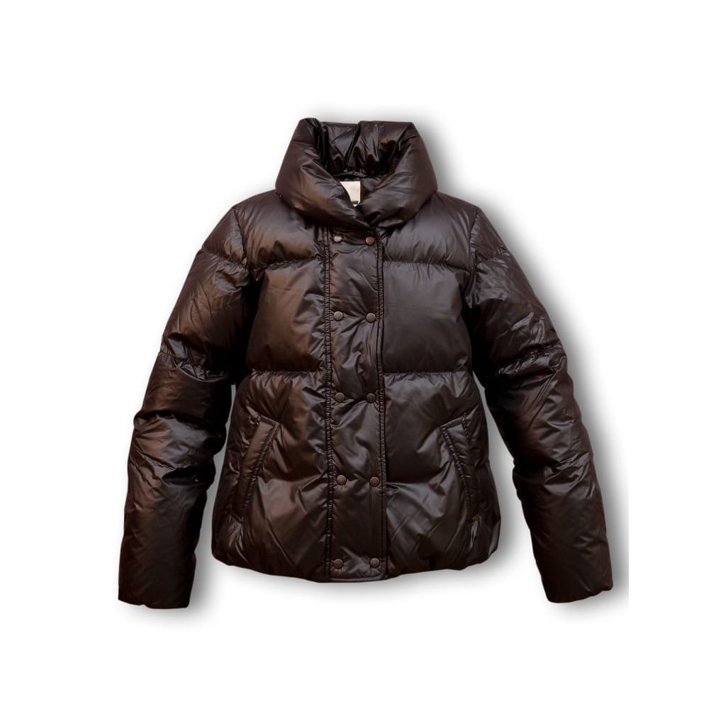A shiny, dark brown puffer jacket with a high collar, snap buttons, and quilted design, displayed against a plain white background.

