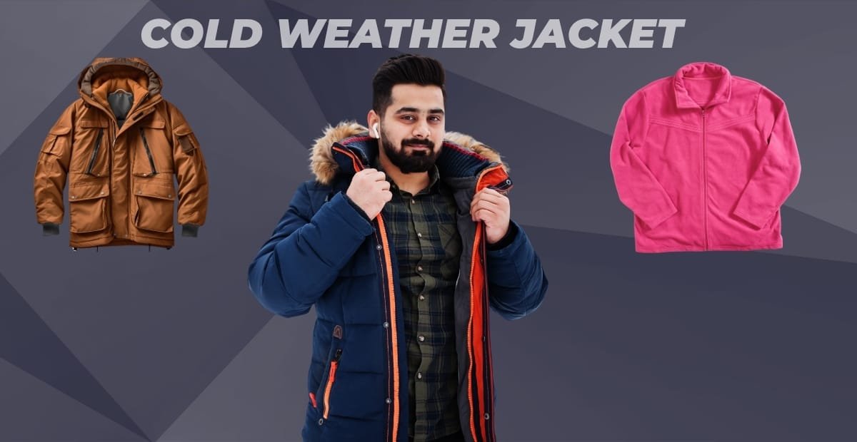 A digital advertisement showcasing a person wearing a blue cold weather jacket with a fur-lined hood, flanked by a brown winter jacket on the left and a pink fleece jacket on the right, with the text "COLD WEATHER JACKET" at the top.