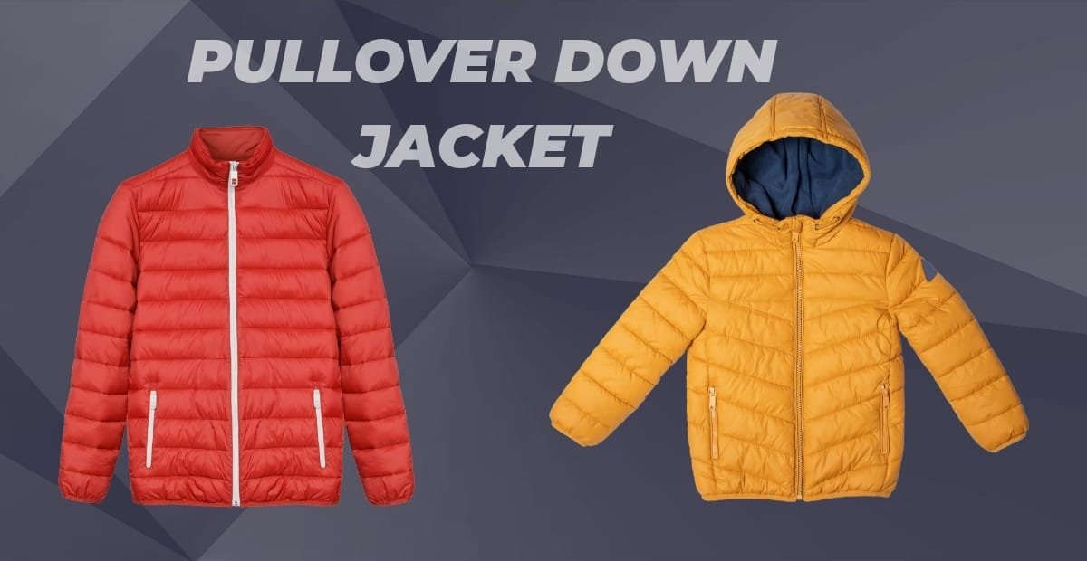 Pullover Down Jacket: Stay Warm and Stylish All Winter Long A comparison image of two pullover down jackets: a red one on the left and a yellow one with a hood on the right, against a dark geometric background with the text "Pullover Down Jacket" at the top.