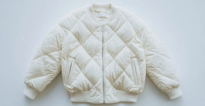 White quilted bomber jacket with ribbed cuffs and a front zipper, laid flat against a light background.