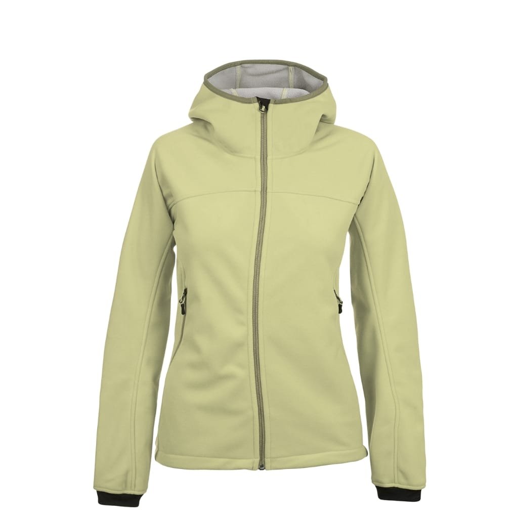 A light yellow quilted jacket with a front zipper, two zippered side pockets, and a hood.

