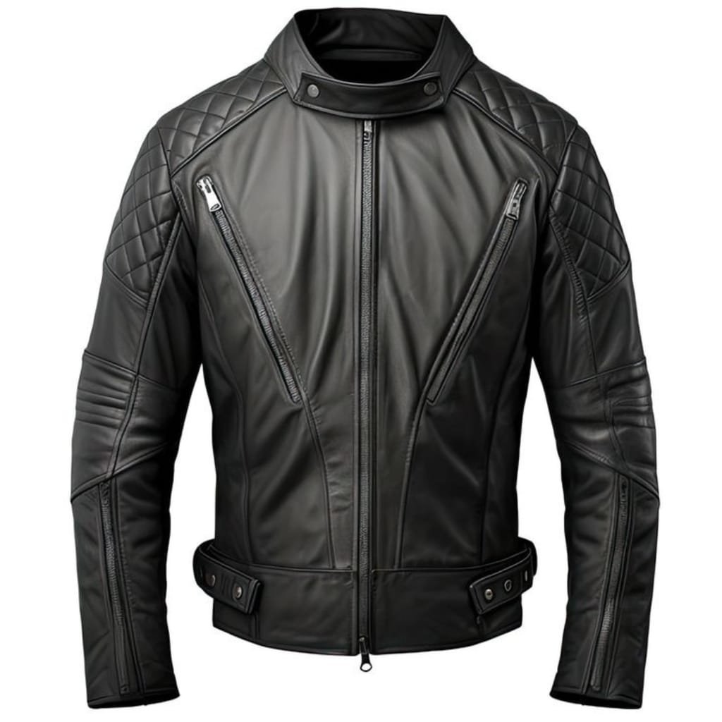 What Is a Leather Jacket? A Timeless Icon of Style and Attitude 30 A black leather racer jacket with a front zipper, padded quilted details on the shoulders and arms, zippered pockets, and adjustable belt tabs at the waist.