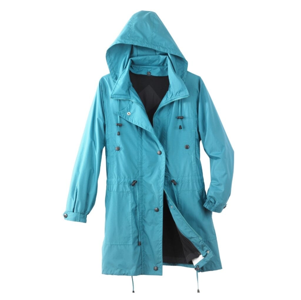 Light blue waterproof raincoat with a hood, front zipper, and adjustable drawstrings, displayed against a white background. Rain Coat for Winter