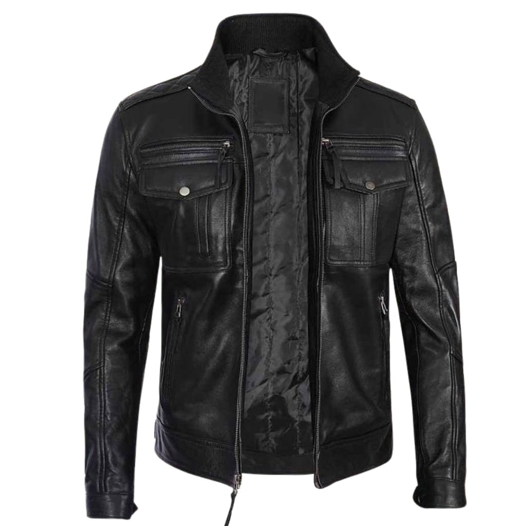 What Is a Leather Jacket? A Timeless Icon of Style and Attitude 41 A classic black leather jacket with a zip front, multiple zippered pockets, and a ribbed collar, showcasing its smooth, shiny surface.