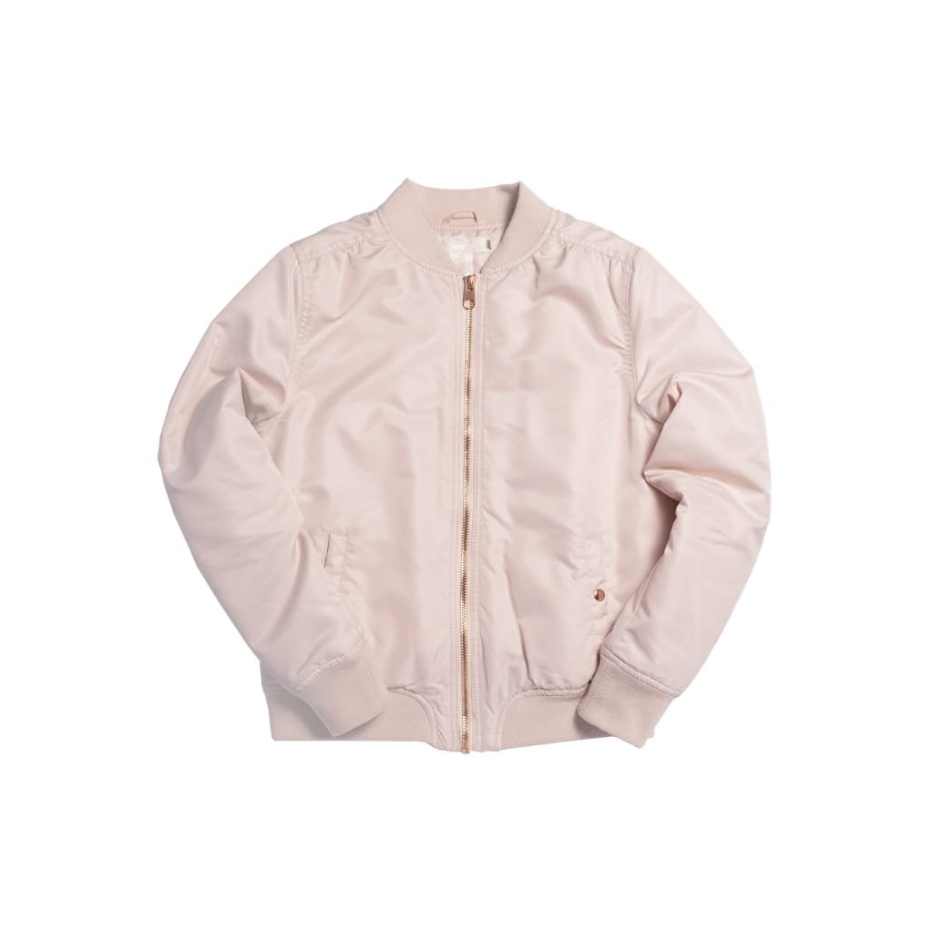 A light pink reversible bomber jacket with a front zipper, ribbed collar, cuffs, and hem, laid flat against a white background.