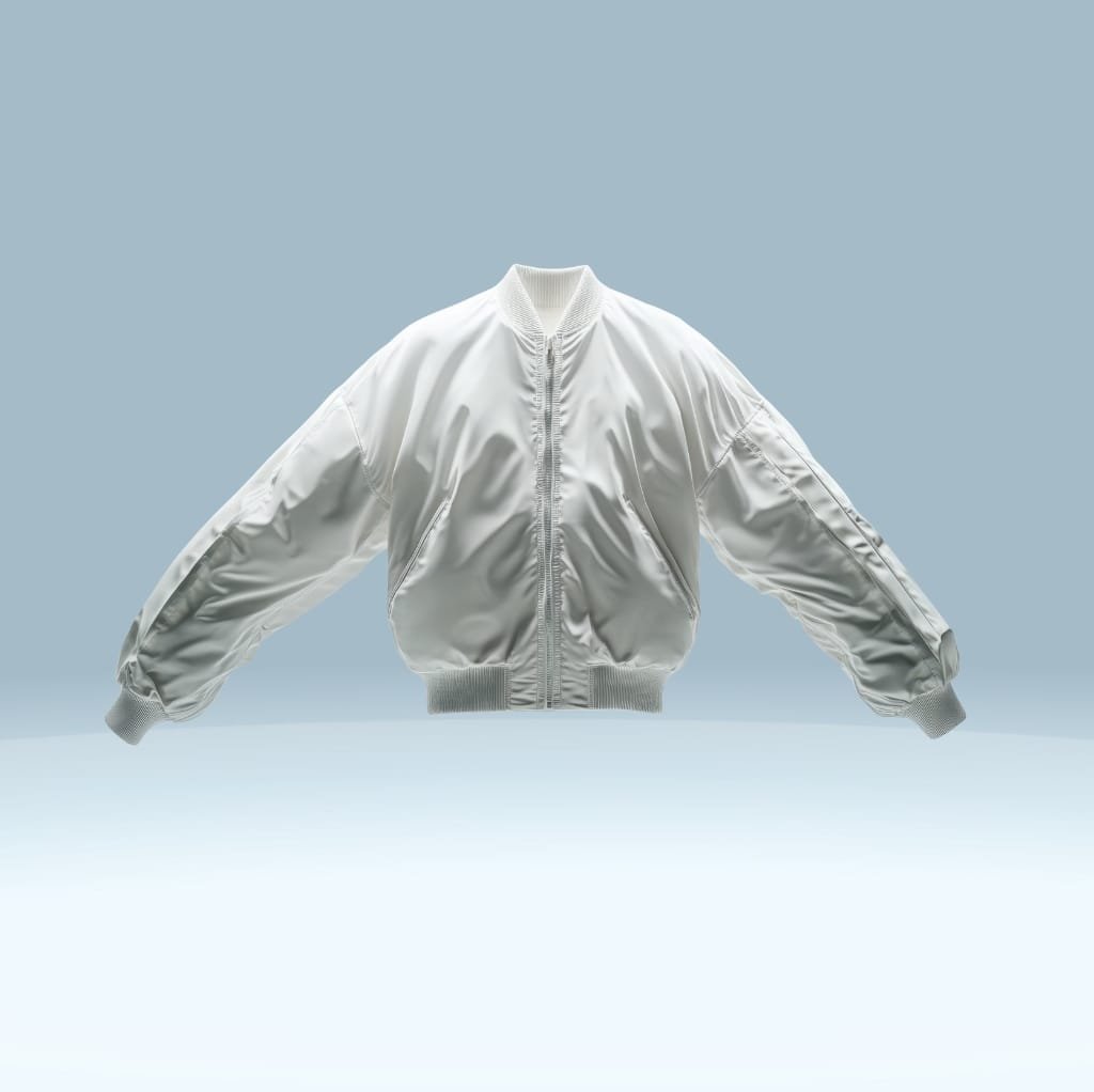 A shiny white satin bomber jacket with a zipper front, ribbed collar, cuffs, and hem, set against a light blue background.